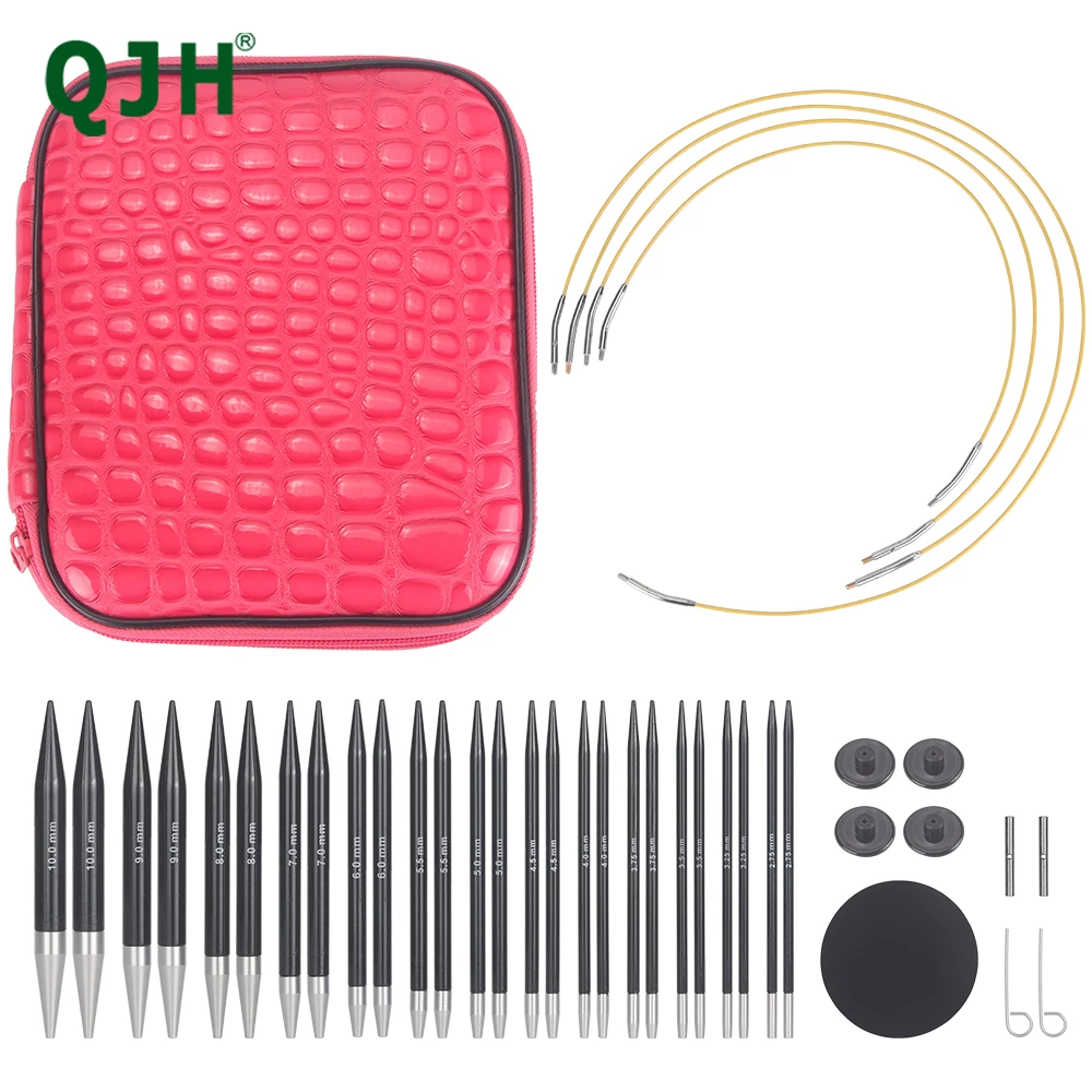 QJH 13 Pairs Black Polycarbonate Interchangeable Circular Knitting Needles Set Circular Knitting Needles Kit with 2.75mm-10mm