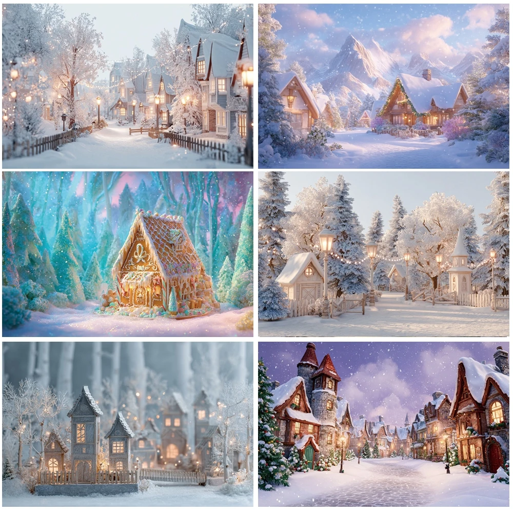 

MOON.QG Magical Snowy Landscape Photo Background Gingerbread House Christmas Forest Paths Backdrops For Photography Decorations