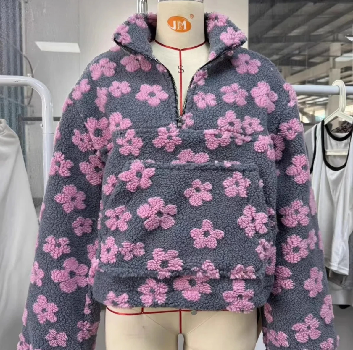 Faionable 2025 Spring Women's Lamb Fur Printed Hoodie Top Long Sleeve Loose Fit Zipper Closure Casual Streetwear Coat Jacket