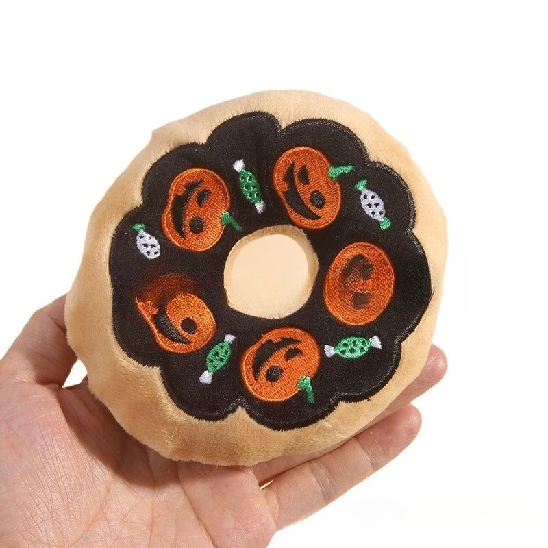 Halloween Plush Donut Squeaky Toy For Cats And Dogs Pet Chew Bite Resistant Sound Toy Interactive Play Pumpkin Ghost Design