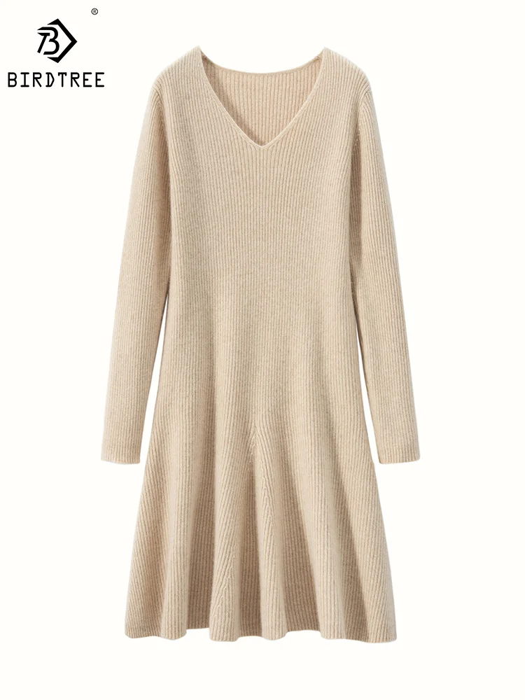 Birdtree 12G 30% Cashmere Knitted Elegant Dresses V-Neck Basics Fashion Warm Pleated Sweater Dress Autumn Winter New D38097QM