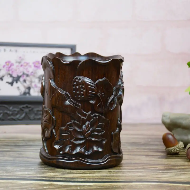 Vintage Ebony Wood Carved Lotus Flower Pen Holder Traditional Lucky Mascot Home Office Desk Ornament Statue
