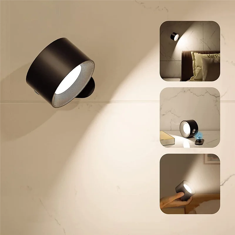 CHCH 360 Degree Rotating Wall Lamp LED Bedside Reading Book Lamp Rechargeable Portable Touch Adjustable Night Light