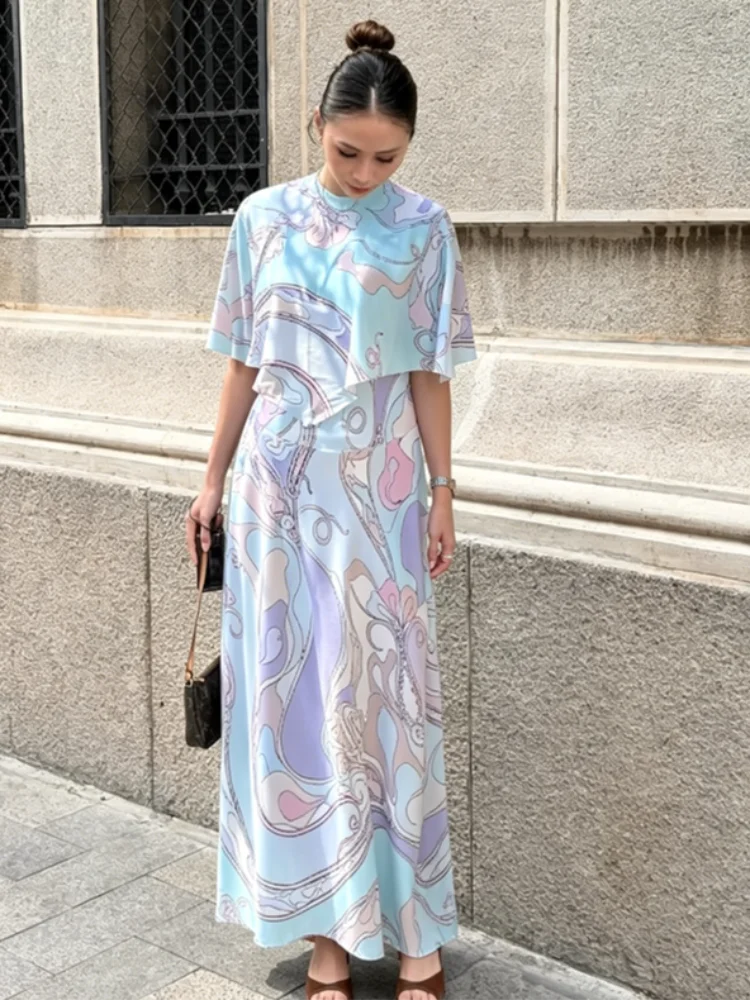 Print Shawl Top Skirt Sets Women Elegant O-neck Three-quarter Sleeves Tops High Waist Midi Skirts Female Suit 2026 Summer