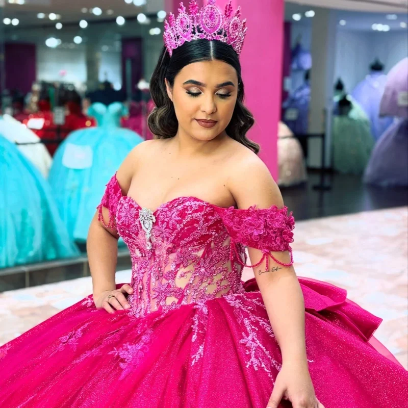 

Shiny Rose Pink Quinceanera Dresses Off the Shoulder Glitter Decal Lace Long tail Bow Vestidoe 15 Quinceanera Customize