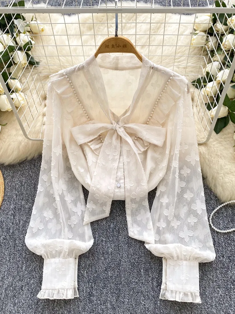 Foamlina French Romantic Chiffon Shirt for Women Elegant Bow-tied V Neck Long Sleeve Beading Buttons Ruffles Loose Blouse Tops