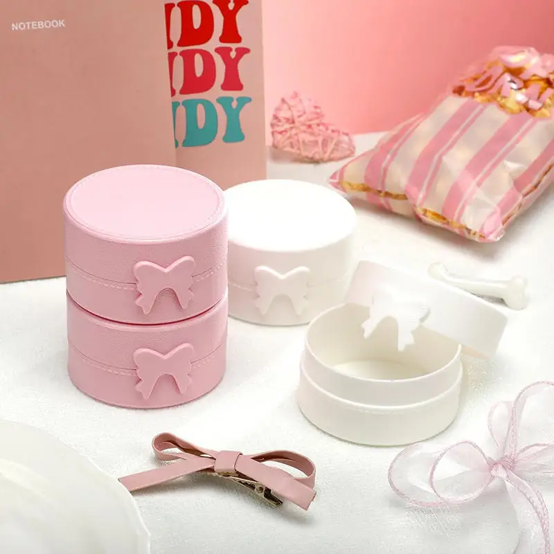 

1Pc INS Cute Macaron Bow Round Storage Box Kawaii Girls Jewelry Hairpins Dustproof Box Travel Portable Small Sundries Organizer