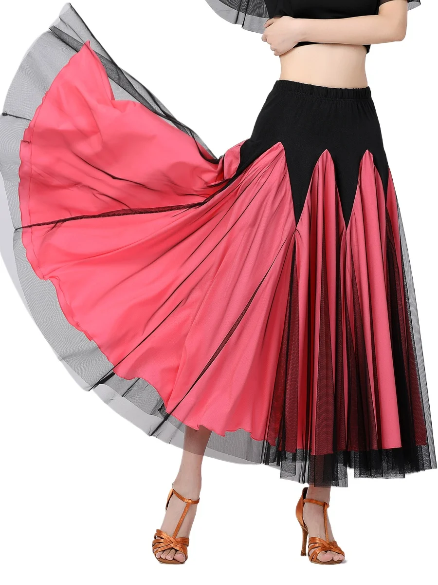 

New Elegant Women Modern Dance Skirt Ballroom Practice Dance Patchwork Sheer Mesh Long Skirts Dance Performance Big Swing Skirt