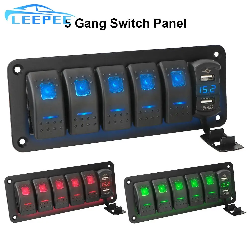 4.2A Outlet Combination for Marine Car Truck Waterproof Digital Voltage Display 5 Gang Rocker Switch Panel Dual USB Port