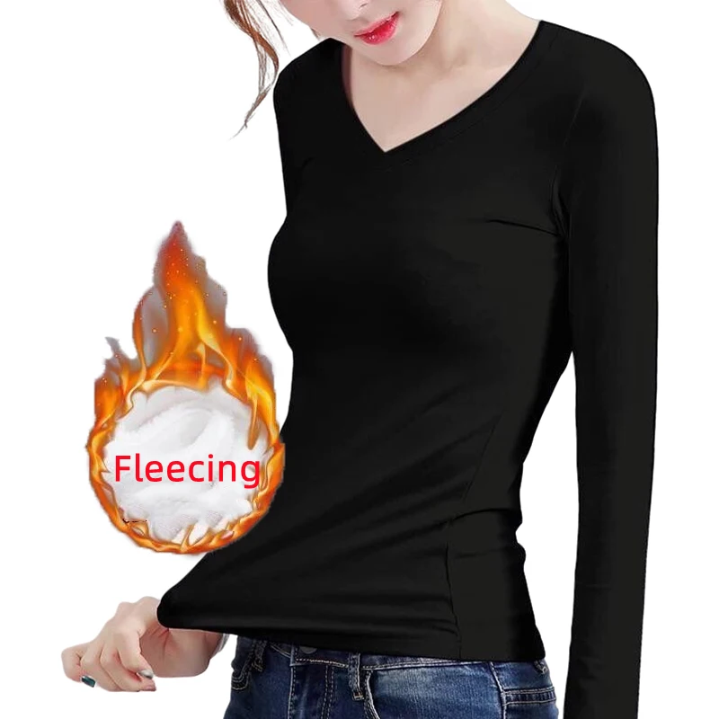 Thermal Underwear Women Bottoming Shirt Fleecing Winter Slim Basic Long-Sleeved T-Shirt Thin Velvet Heating Fiber Cropped Tops