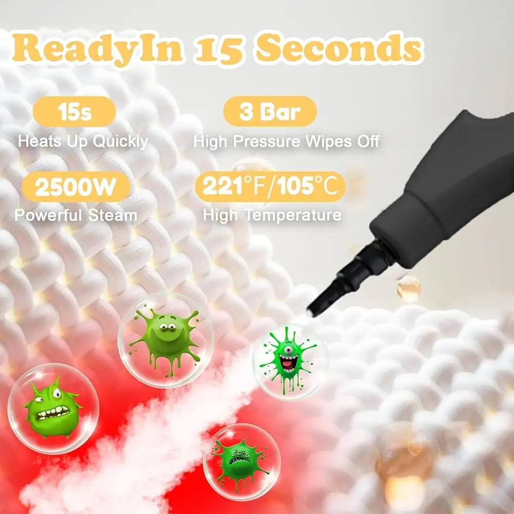 منظف بخار محمول باليد بقدرة 2500 وات، أداة تنظيف محمولة للسيارة والمنزل والمطبخ والحمام مع فرش وتمديد