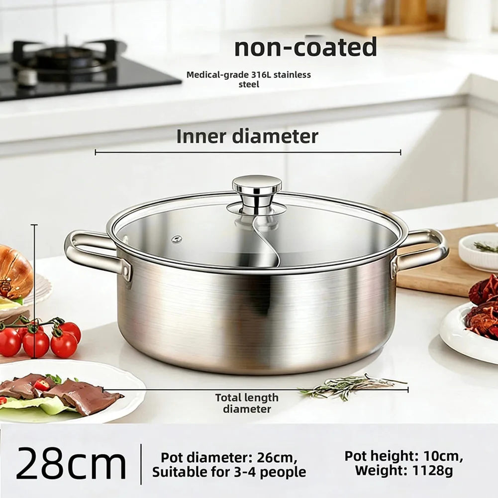 Stainless Steel Hotpot with Divider and Lid for Hotpot Cooking Works on For Induction and Gas Cooking Surfaces