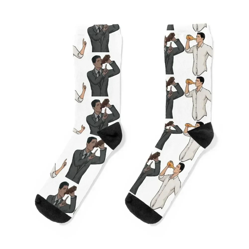 Archer Drinking Finger Up Making Other Archer Wait Funny Socks retro shoes Stockings man Soccer Luxury Woman Socks Men's