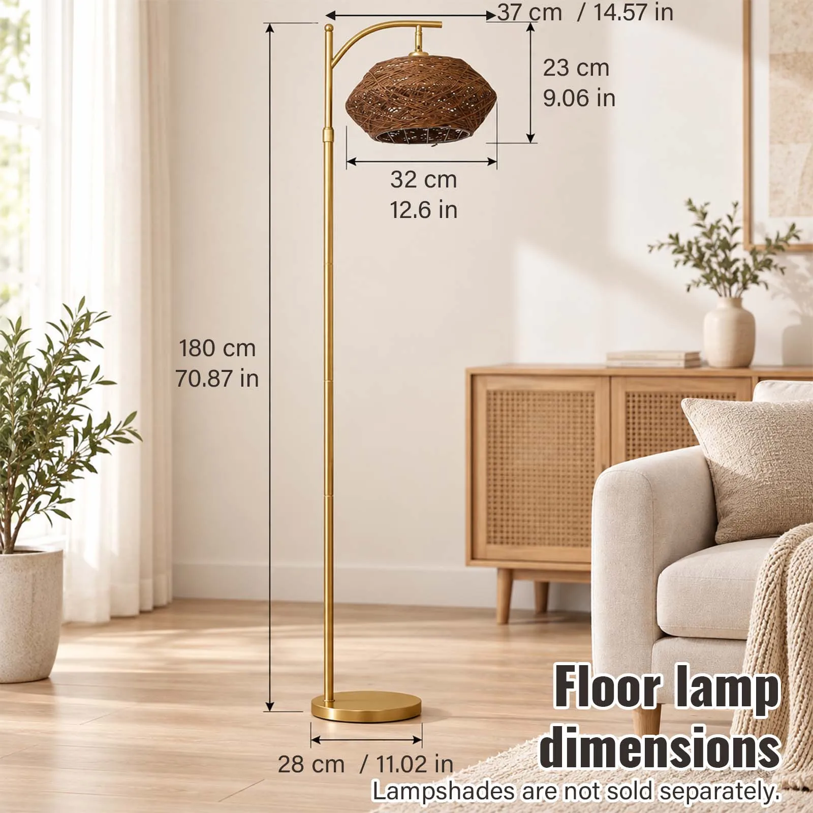Floor Lamp, Brown Diamond Woven Rattan Shade, Gold Pole, Boho Bedroom Reading Corner
