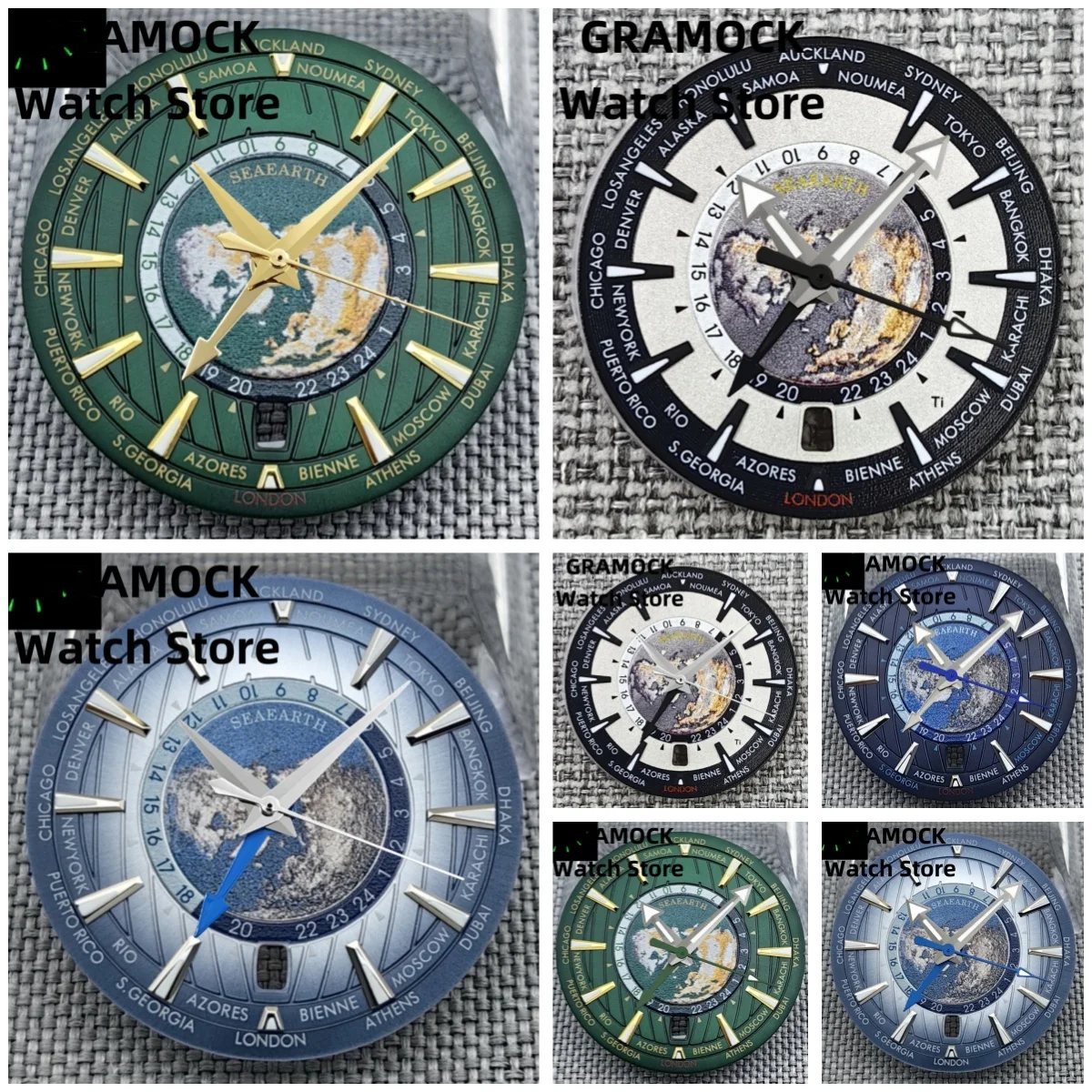 GRAMOCK 33.5mm Universal Time Black Blue Green Watch Dial 6 o 'clock Date With GMT NH34 4 Hands Luminous Fit NH34 4R34 Movement