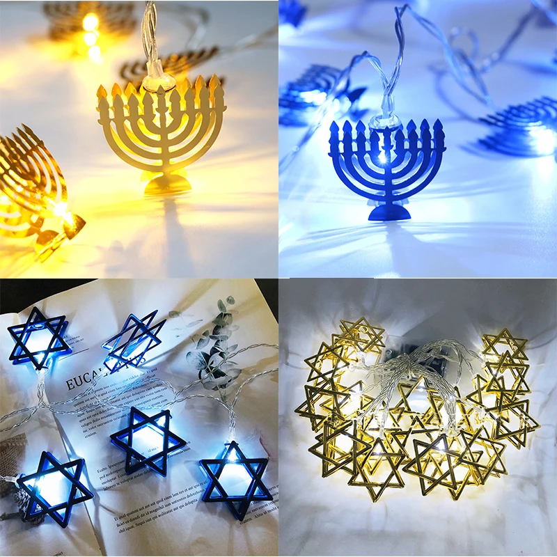 1.65m Eid Mubarak Decorative Lamp String Chanukah Hanukkah Candlestick Pentagram LED Lamp Ramadan Festival Party Decorations