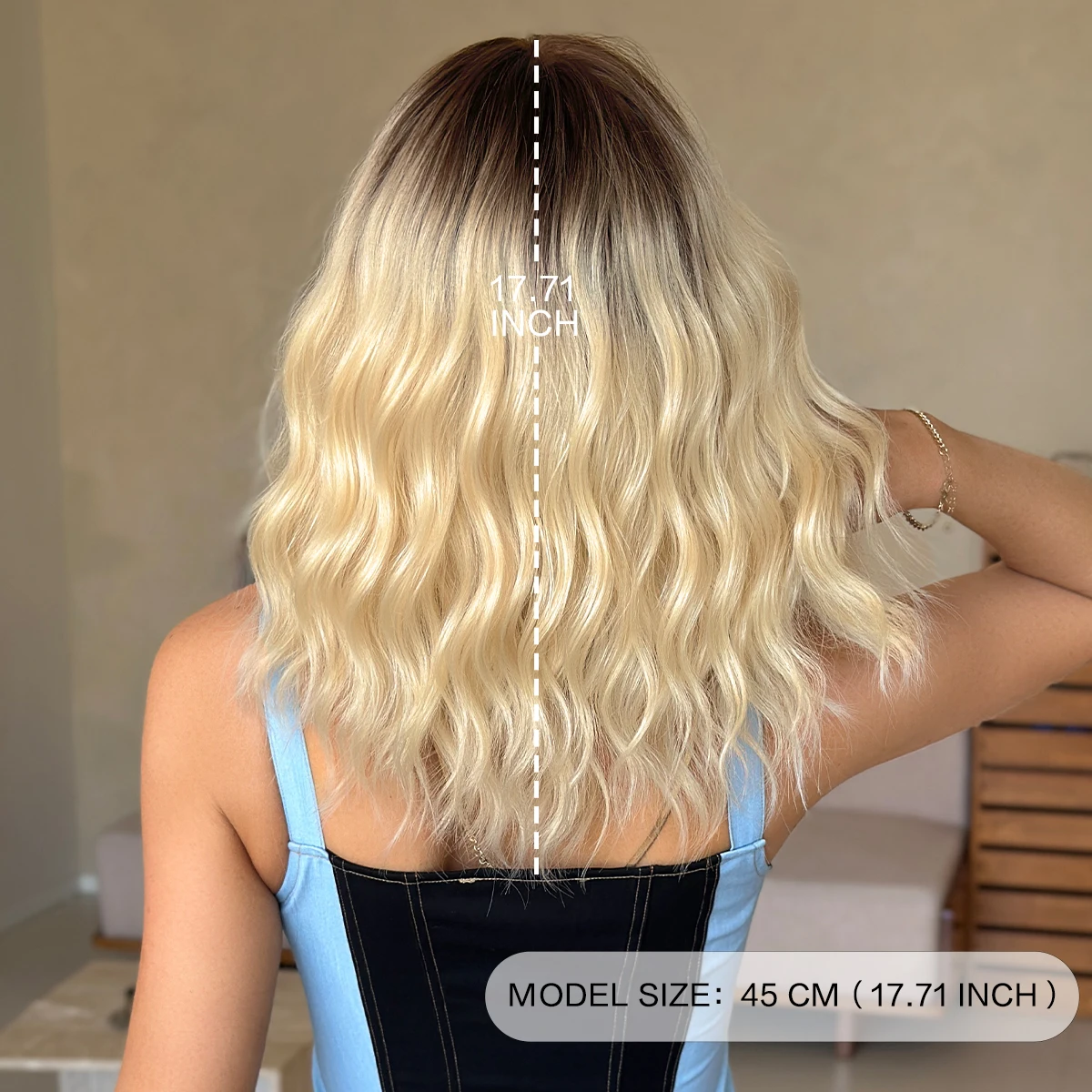 Shoulder Length Water Wave Blonde Wig for Women High Density Synthetic Layered Modest Fashion Wigs with Dark Roots HeatResistant - view 4