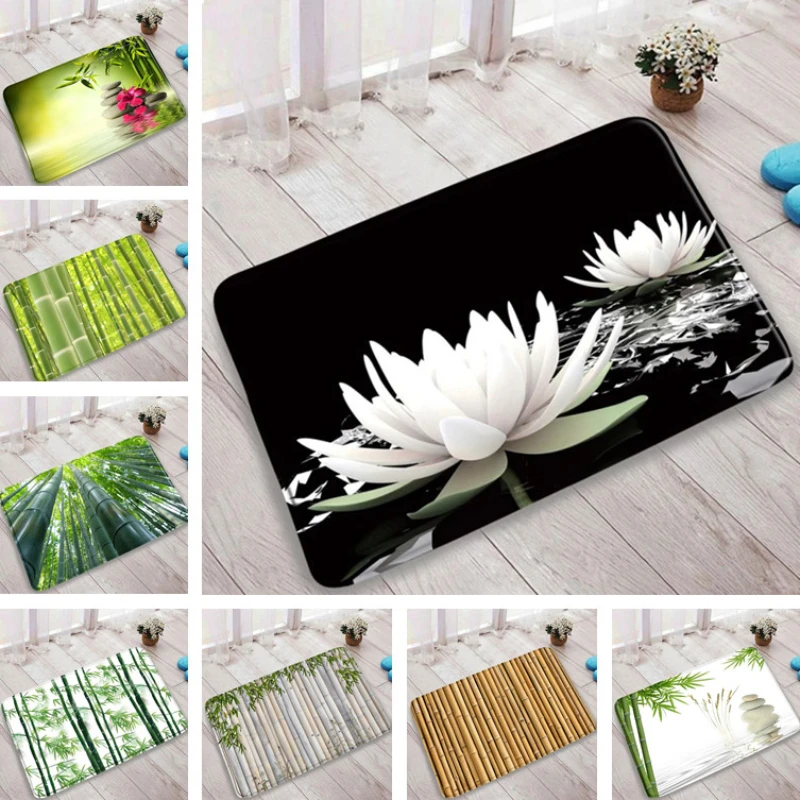 Lotus Printed Bath Mat Non-slip Super Absorbent Kitchen Rug Bamboo Pattern Home Entrance Doormat Bedroom Bedside Floor Carpet