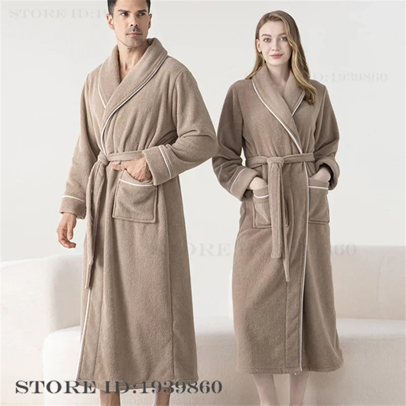 Warm Coral Fleece Long Kimono Bathrobe Gown Winter Thick Flannel Couple Robe Men Sleepwear Loungewear Casual Homewear Nightwear