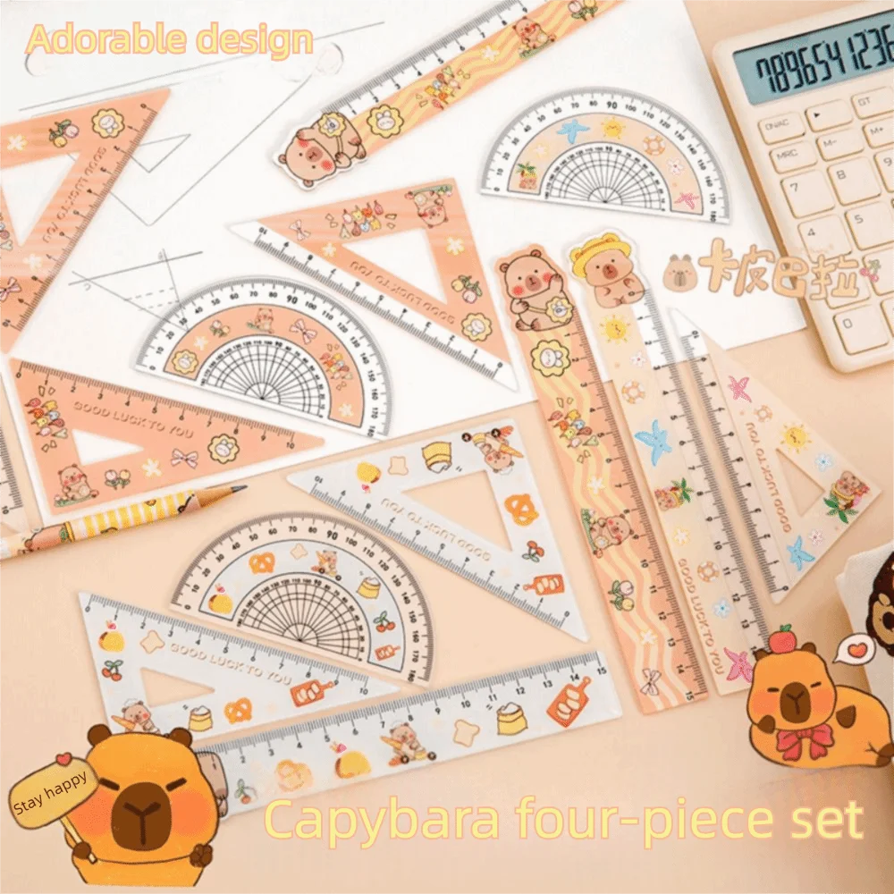 4pcs/set Creative Acrylic Capybara Set of Rulers Drawing Tools Cute Cartoon Straight Ruler Office Supplies Set Square