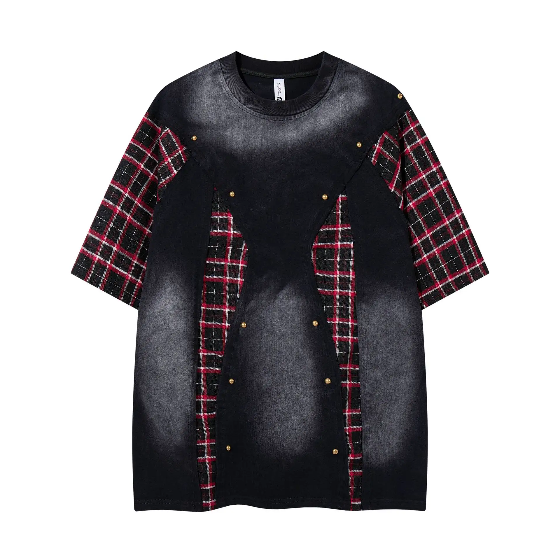 Men Fashion Hip Hop T Shirts With Rivets High Street Vintage Vibe Style Tees With Plaid Patchwork Retro Summer Short Sleeve Tops