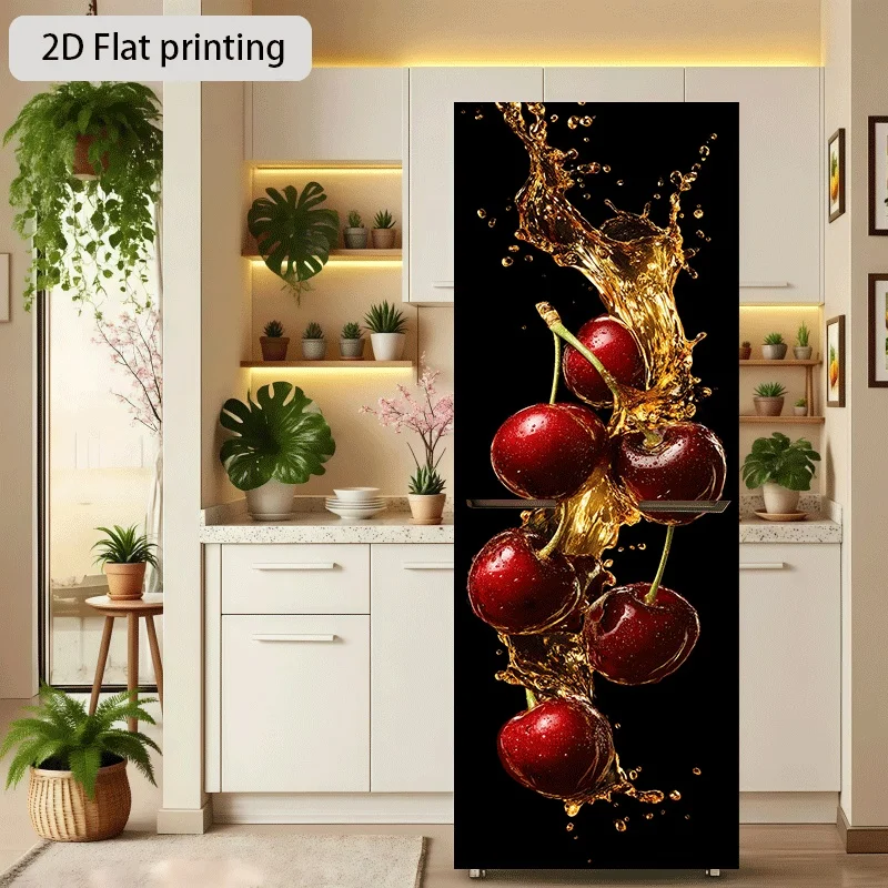 of 2D Flat Printed Refrigerator Sticker,, Featuring a Cherry Juice Splash Theme Design. Self-Adhesive Wall Decoration Suitable