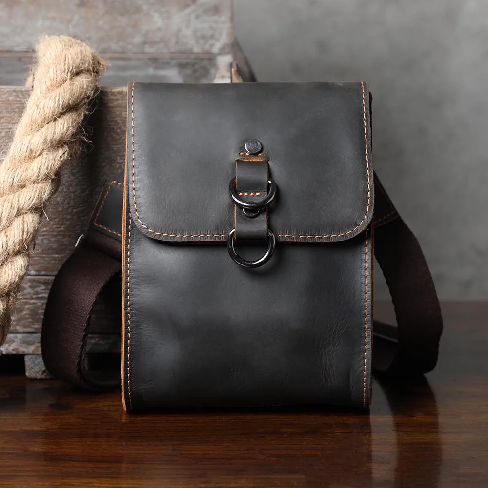 Vintage Echtleder Herren-Umhängetasche aus Crazy-Horse-Leder, Mini-Handytasche für Schlüssel und Karten – Detail 7