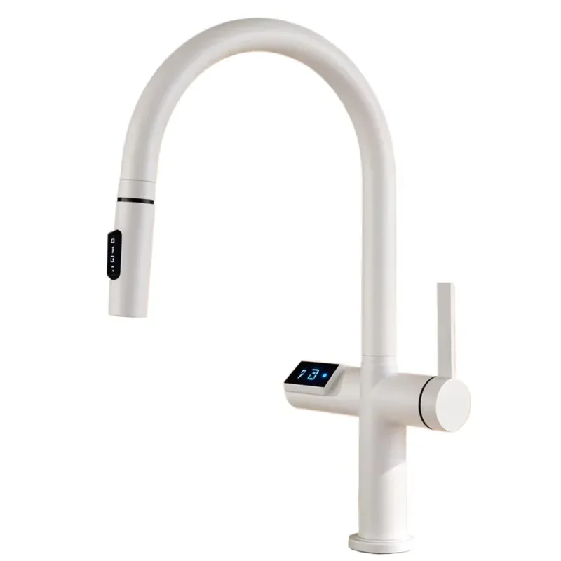 High-Arc Anti-Splash Ceramic Kitchen Faucet with Digital Temp Display for Pull-Out Sink Faucet
