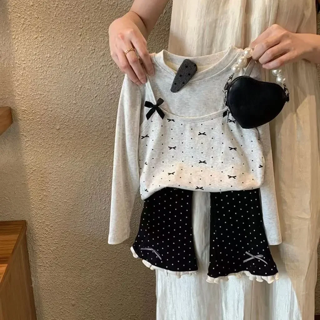2026 Herbst Neue Baby-Mädchen Langarm-Kleidungsset Niedliche Mädchen-Oberteile mit Schleifendruck + Gepunktete Schlaghose Anzug Kinderkleidung – Detail 5