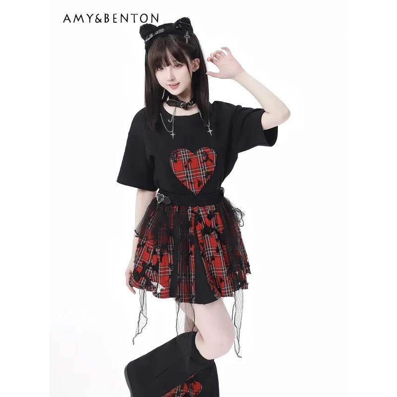 

25COSY2K Готическая цепочка на шнуровке с кожаным кольцом на шее, топы с короткими рукавами и высокой талией, тонкая кружевная рваная юбка, комплекты из двух предметов W