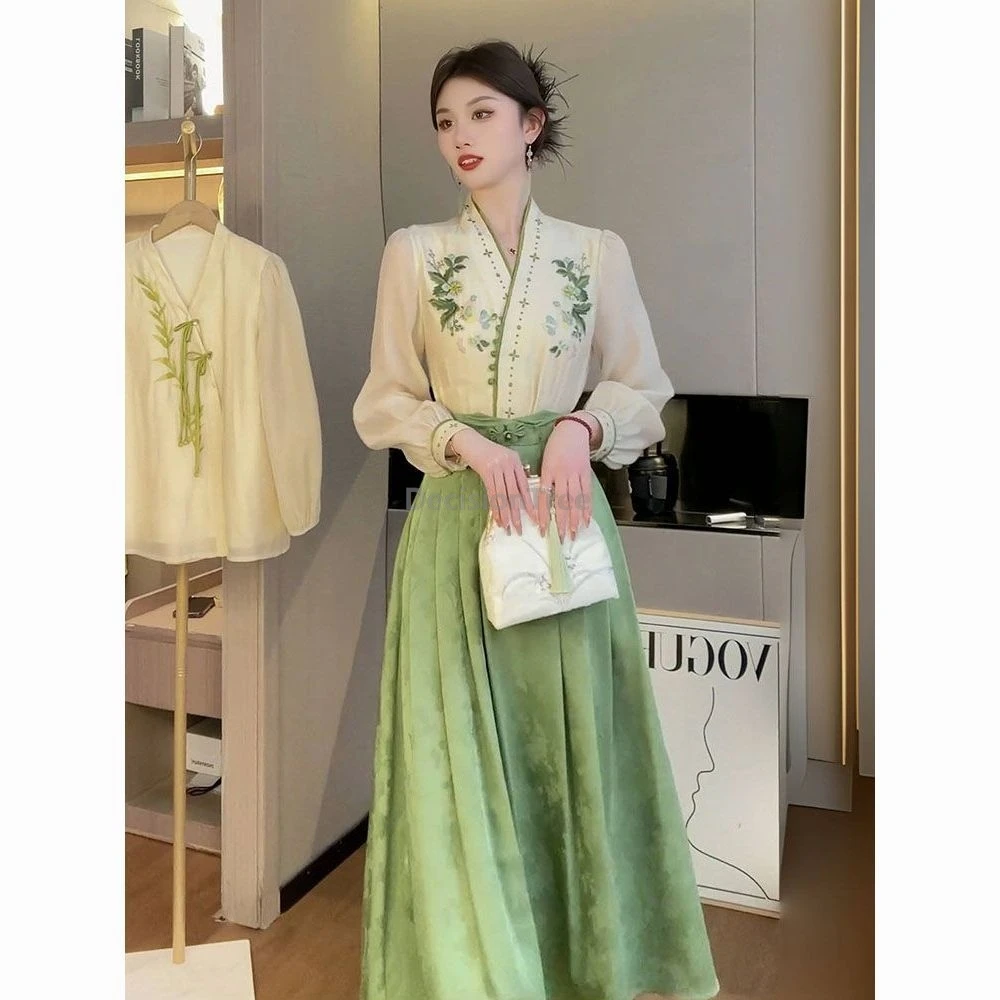 Daily Women Hanfu Set Chinese Style Costume Mamianqun Ming Dynasty Weaving Green Horse Face Skirt Chinese Dress Original