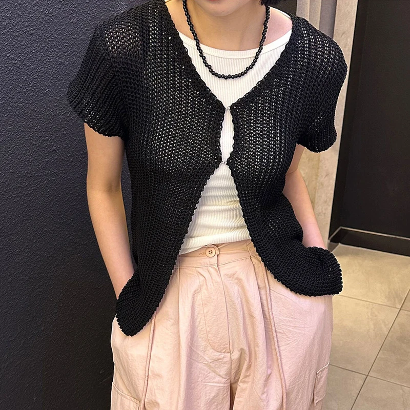 Women's Summer Slim Fit ort Sve V-Ne Open Cardigan Knitted Hollow out Design Faionable Korean Sle Outerwear Top