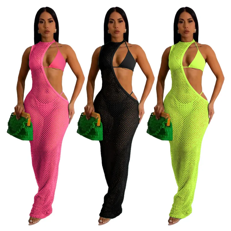 New Women\'s Classic Clothes Sexy 3 Piece Set Sexy Fishing Net Halter One Shoulder Dress and Bikini Set Beach Dress