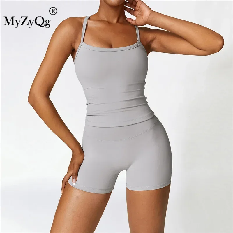 

MyZyQg Women Two-piece Set Sportswear Frosted Back Yoga Tank Vest Quick Dry Fitness Top Wearing Running Sports Shorts Suit