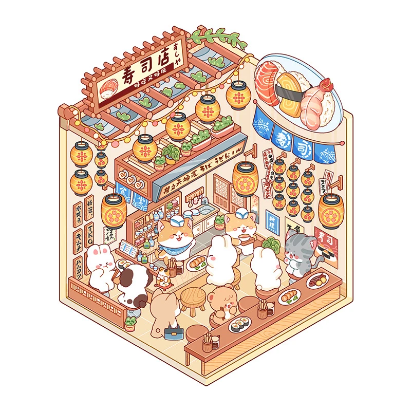 1Set Cute Three-Dimensional Handbook Stickers Miniature Scene Stickers Cartoon Pocket Cabin Scene Stacking Pasting Stickers