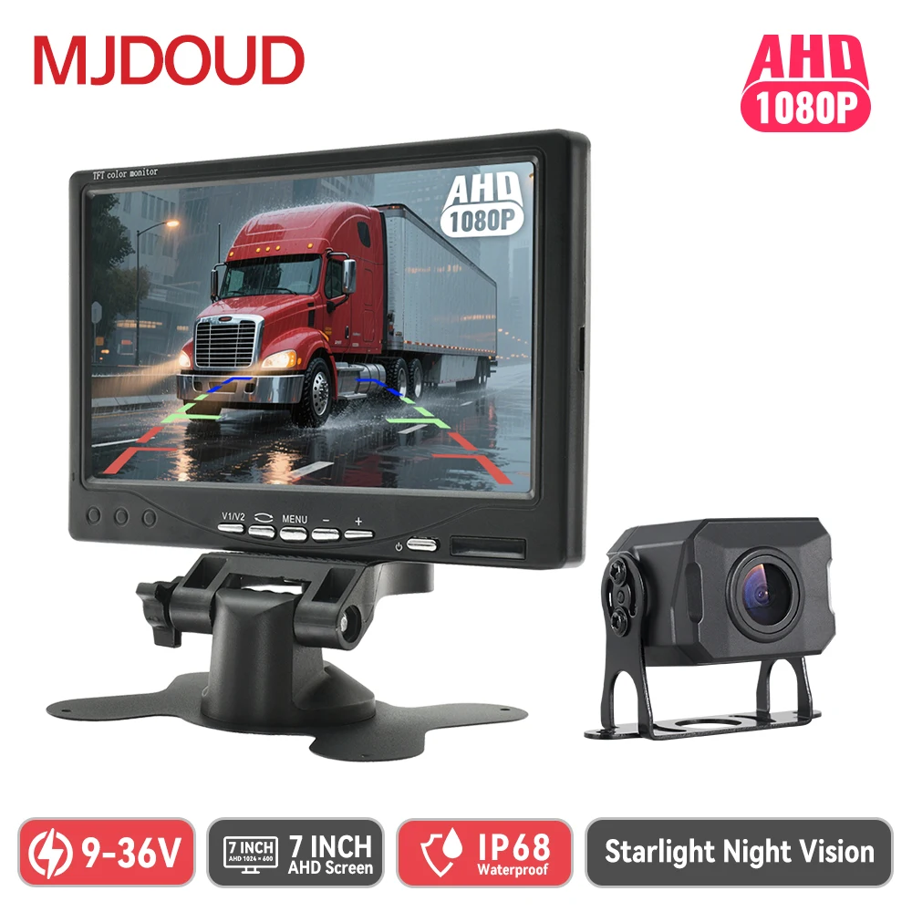 

MJDOUD Car AHD 1080P Rear View Camera with 7" Monitor for Truck Vehicle Parking Starlight Night Vision Backup Reversing Camera