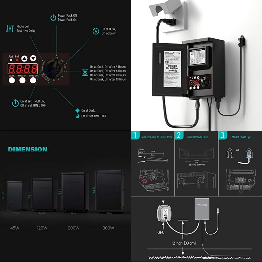 Low Voltage Transformer 45 Watt for Outdoor Landscape Lighting with Photocell Sensor Timer and Weather Shield for Spotlight Flo