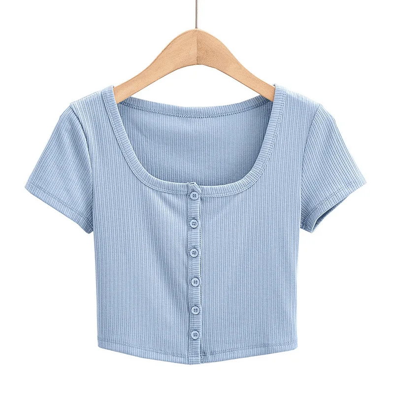 Women Rib Button Through Short Sleeve Top