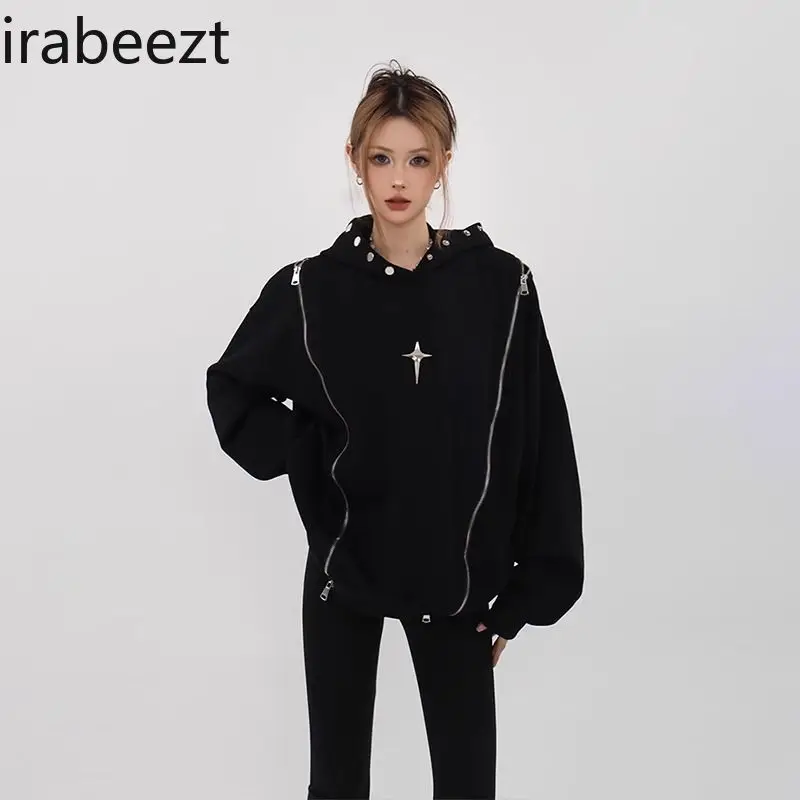 American Fashion Retro Oversize Coat Slouchy Design with Zipper National Trend College Style Hoodie Loose Fit Sweatshirt