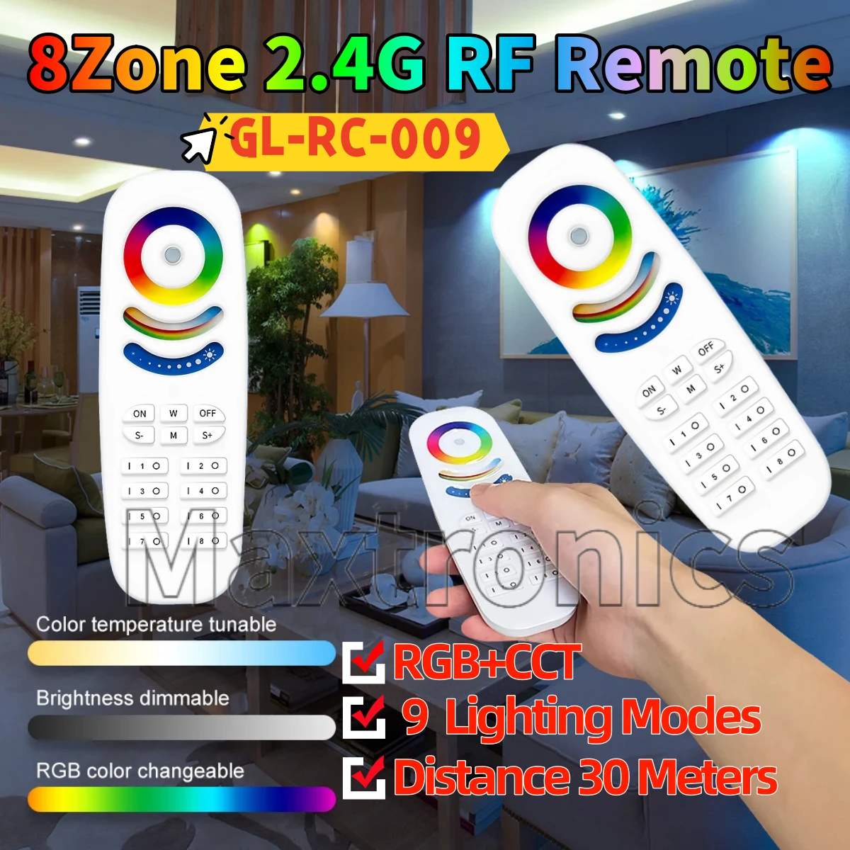 GLEDOPTO 9 Lighting Modes 8-Zone Group Control Wireless 2.4G RF Remote RGB+CCT Brightness Adjustable Distance 30Meters GL-RC-009