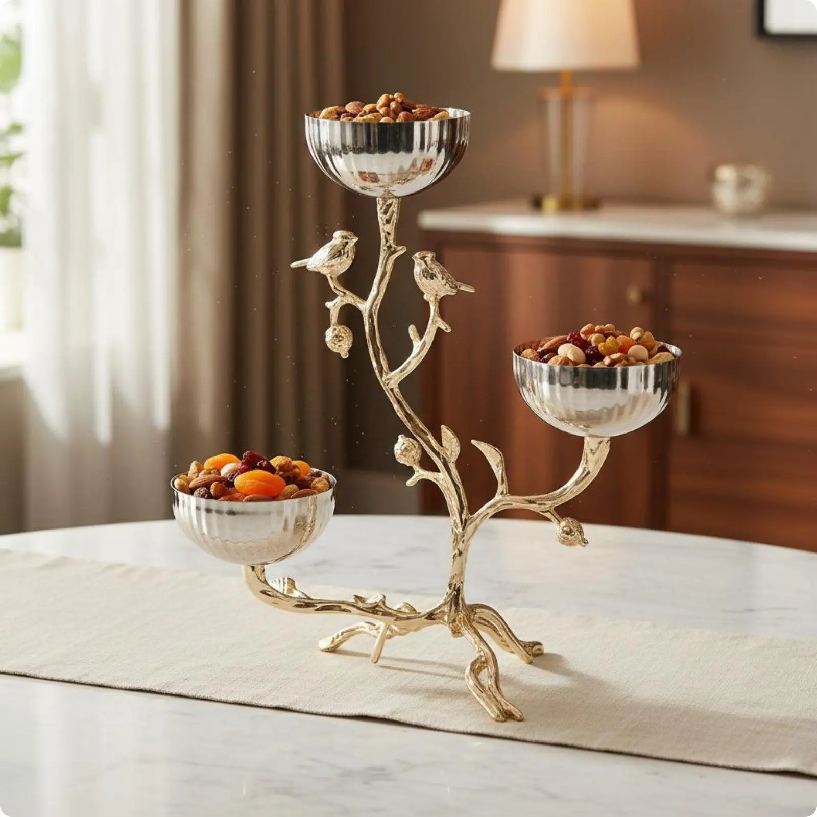 Three-Bowl Fruit Holder Golden Finish Table Decor Freestanding