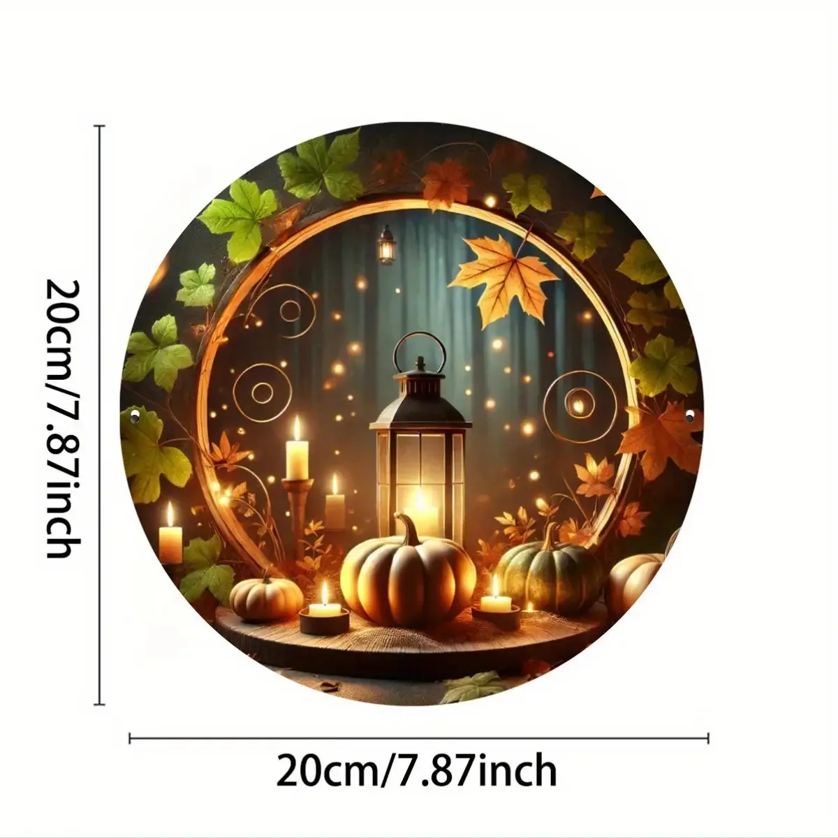 1pc Vintage Autumn Pumpkin & Lantern Wall Decor - 7.8-Inch Large Metal Wreath with Hanging Loop, Rustic Farmhouse Lanterns in Wa