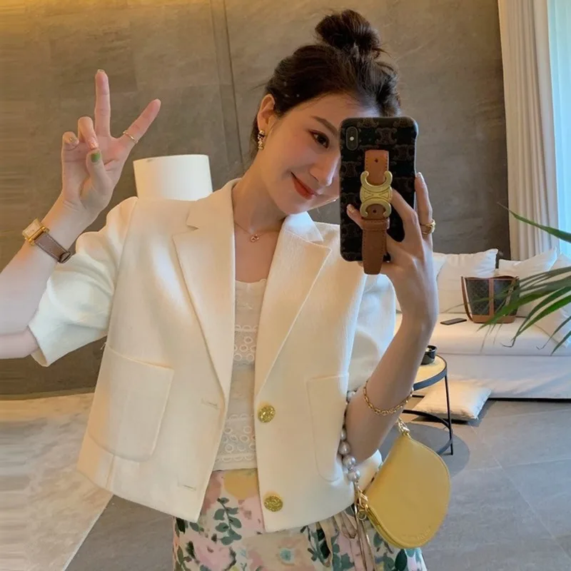 FANAN Classical Solid Color High Quality Blazer Women 2025 Korean Fashion Simple Jacket Woman Office Short Sleeve Thin Outerwear