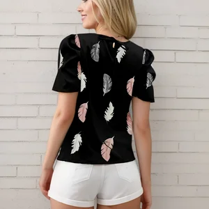 Kollu kabarık, tüy baskılı kadın, bluz, gündelik, şık, tarz, ünlü, ilkbahar ve yaz için Bir tüy yakasına 8 çekirdekli satışlar - №5