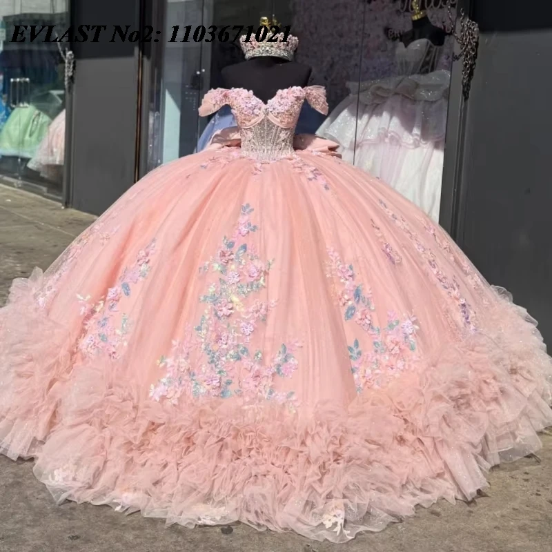 

EVLAST Customized Sparkly Pink Quinceanera Dress Ball Gown Sequins Lace Applique Beading Bow Sweet 16 Vestidos De 15 Anos E2QA07