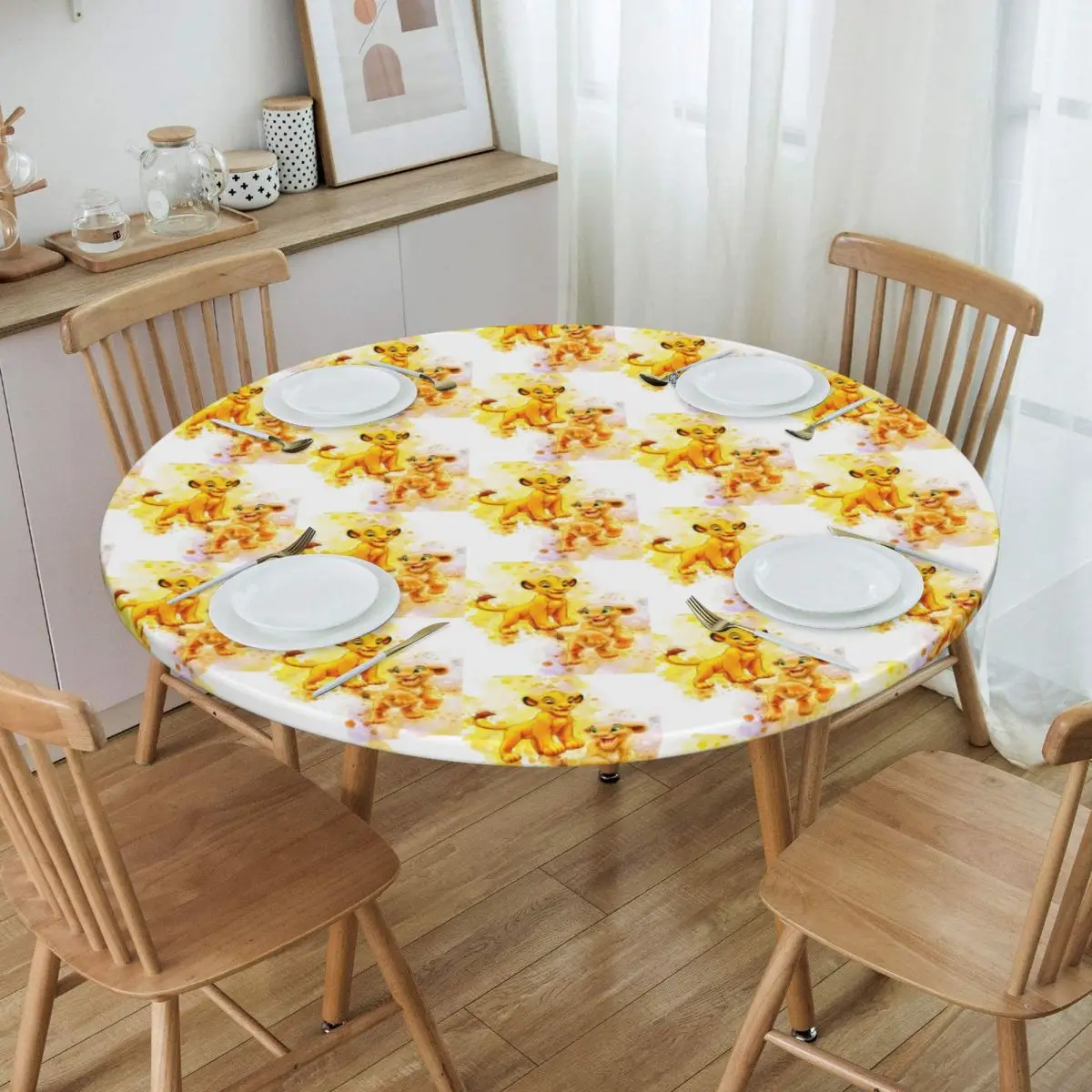 

Custom Round King Lion Simba Table Cover Elastic Fitted Hakuna Matata Anime Movie Table Cloth Backing Edge Tablecloth for Dining