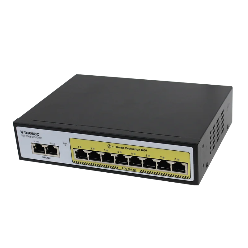 Tarmoc POE Switch 8 Port 1Gbps, 2 Port Uplink 1Gbps（Ethernet）, 802.3af/at, Max total output 120 Watt, 8KV Surge Protection