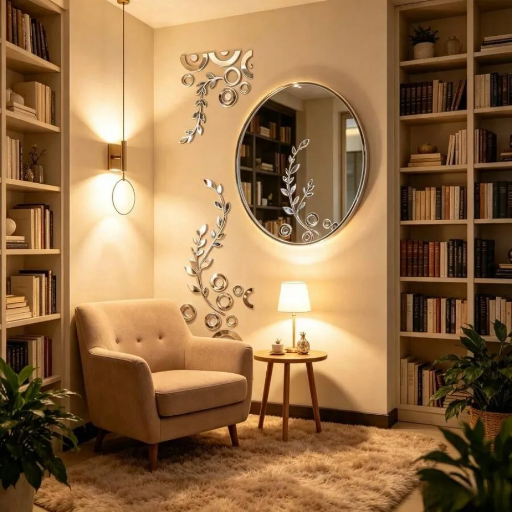 1 Pack Silver 3D Mirror Flower & Vine Wall Decal, Self-Adhesive Acrylic Stereo Wall Sticker, Light Luxury Home Wall Art Decor