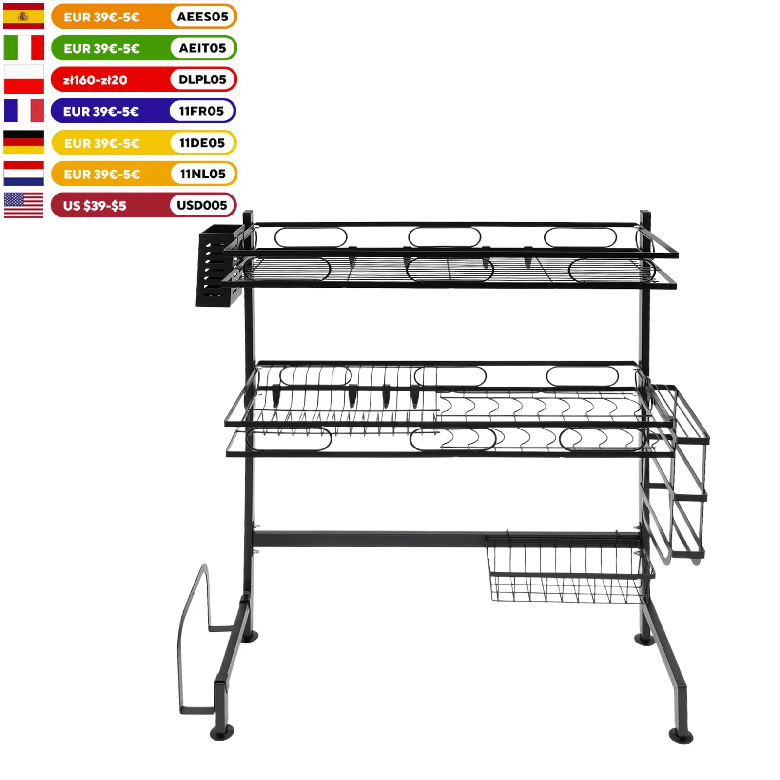 

Over The Sink Dish Drying Rack 25.6" Large Drainer for Kitchen Counter with Multiple Basket Sponge HolderSink Caddy 2 Tier Black