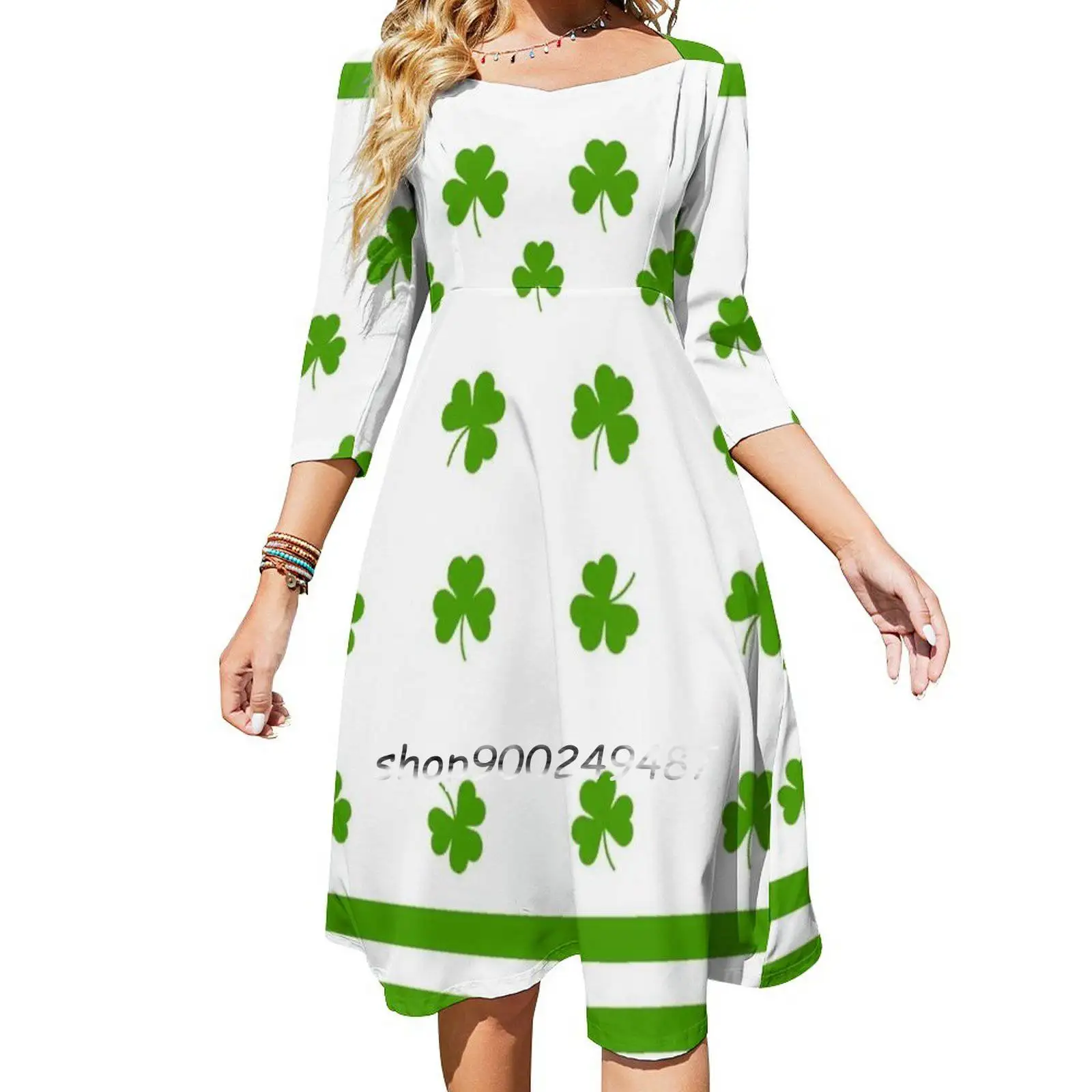 Green Shamrock And Stripe Flare Dress Square Neck Dress Elegant Female Fashion Printed Dress Green Shamrock Stripe Stripes